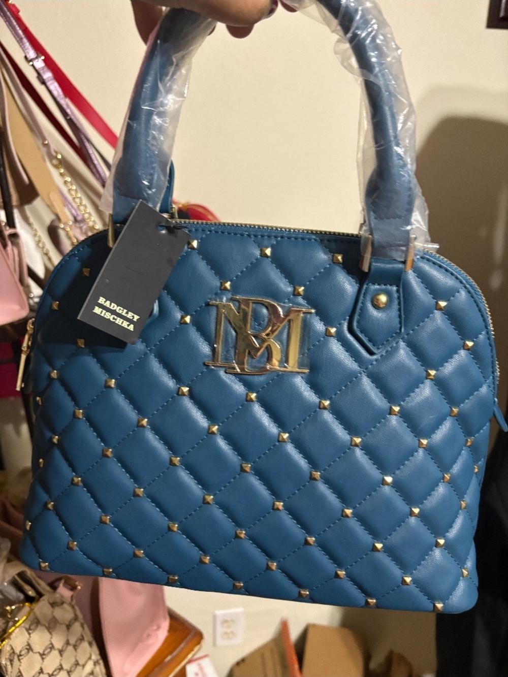 Badgley Mischka Teal Quilted Satchel with Gold Hardware